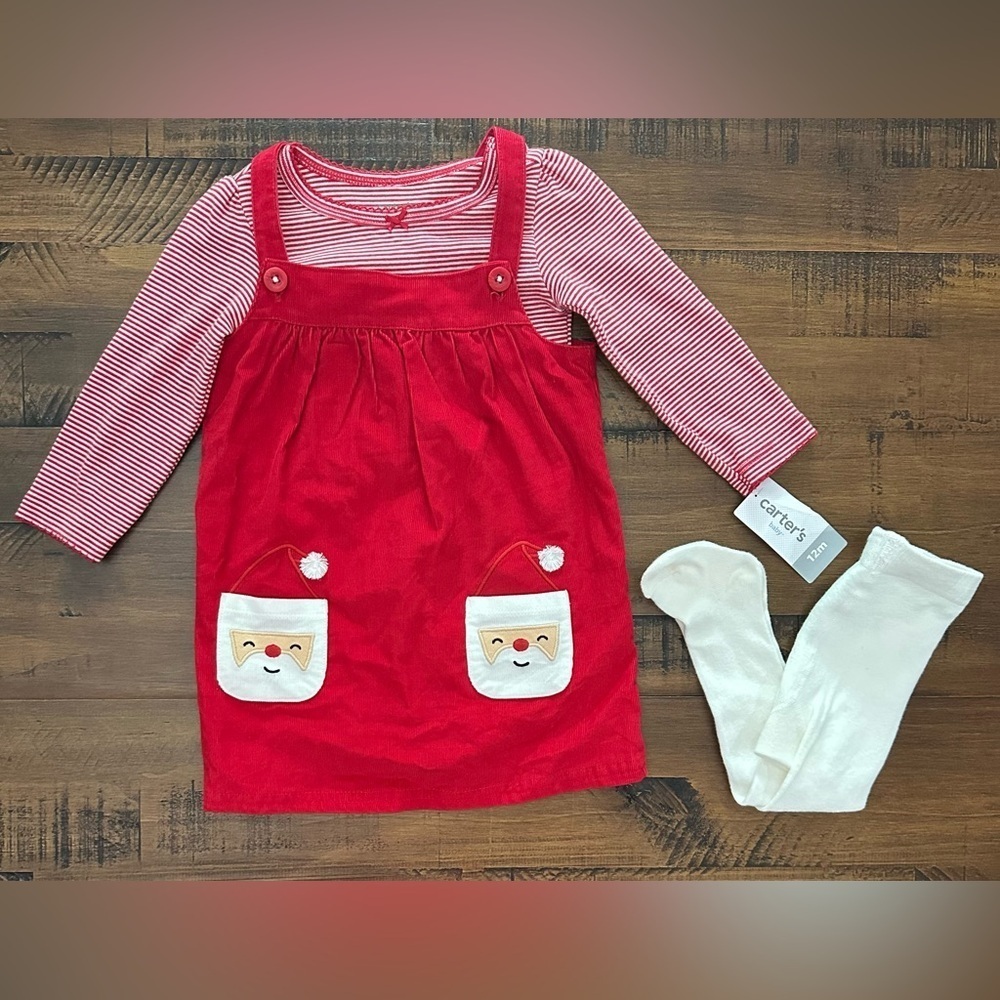 NWT carters santa claus jumper dress 12 mos 3 pc shirt tights Christmas‎